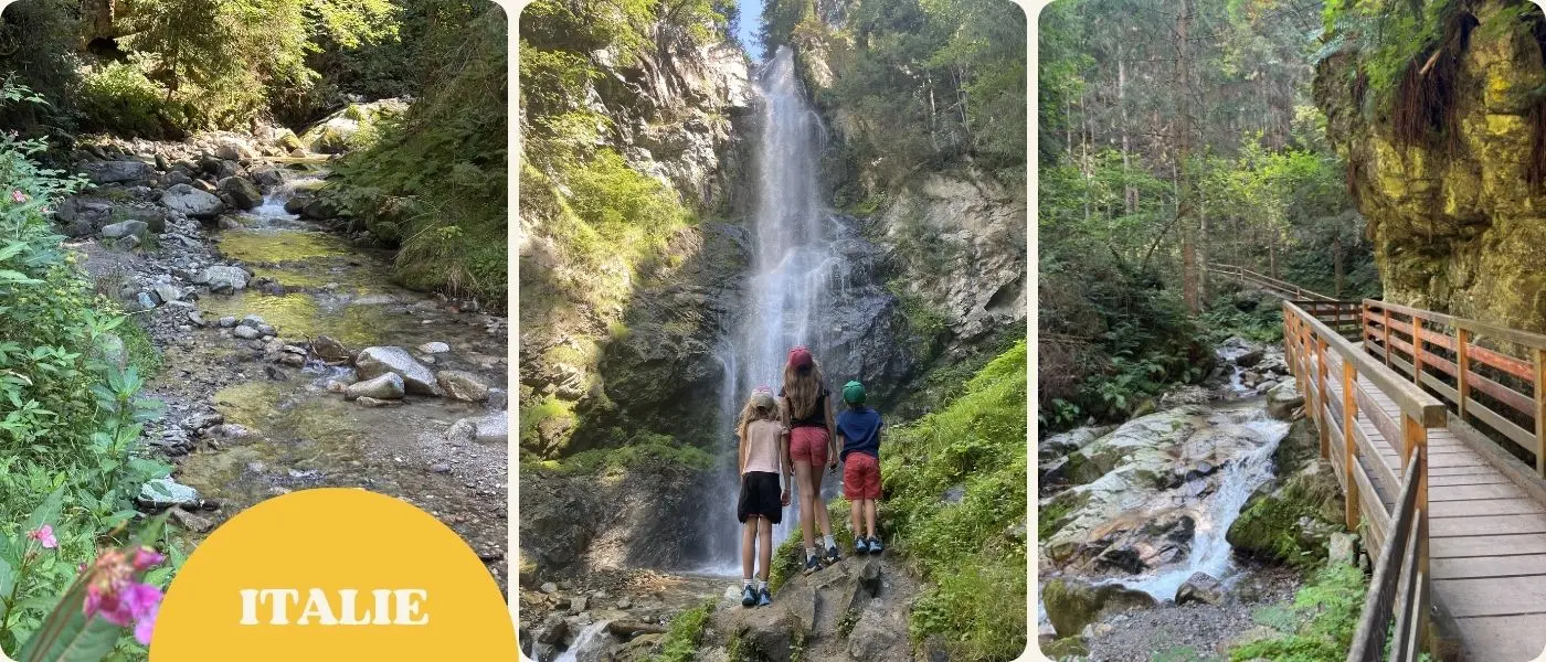 randonnée sur le sentier des elfes à obervintl, le long de la rivière, sur de petits pontons en bois, enfants devant la cascade de dos