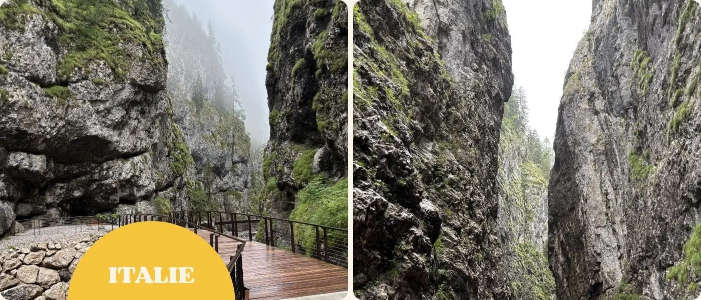 entrée dans les gorges serrai di sottoguda, grandes parois verticales et cascades de part et d'autres, rivière sous le sentier aménagé de pontons